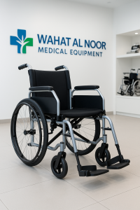 Active lightweight wheelchair displayed in Wahat Al Noor Medical Equipment showroom with clean modern interior.